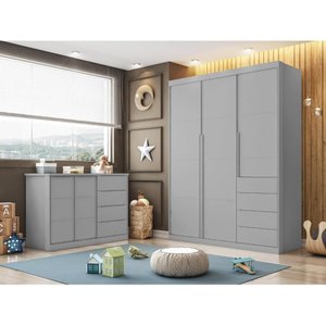 Conjunto Quarto Infantil Pérola com Guarda Roupa 3 Portas 4 Gavetas e Cômoda Cinza - Phoenix Baby