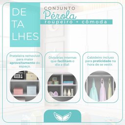 Conjunto Quarto Infantil Pérola com Guarda Roupa 3 Portas 4 Gavetas e Cômoda Cinza - Phoenix Baby - 11