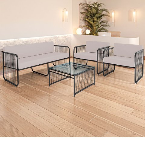 Conjunto 2 Poltronas 1 Namoradeira e 1 Mesa de Centro Córdova em Aço Carbono e Fibra Sintética Acess