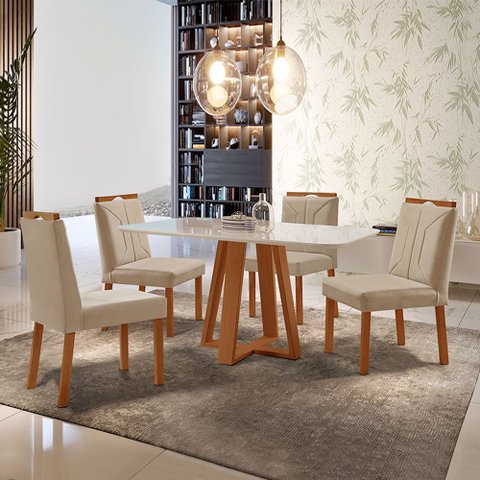 Conjunto Sala de Jantar Mesa Floripa Madeira Maciça 140x80cm Tampo Retângular Vidro Off White com 4