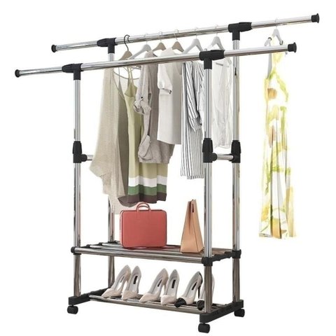 Arara Dupla Extensivel Cabideiro Organizador de Roupas Closet Quarto Loja com Rodinhas Portatil Luxo