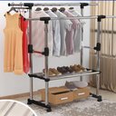 Ver imagem 2 de Arara Dupla Extensivel Cabideiro Organizador de Roupas Closet Quarto Loja com Rodinhas Portatil Luxo