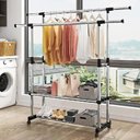 Ver imagem 3 de Arara Dupla Extensivel Cabideiro Organizador de Roupas Closet Quarto Loja com Rodinhas Portatil Luxo