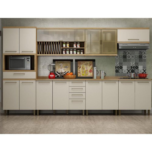 Kit Cozinha Completa Modulada Balcão Para Pia Armário Paneleiro Cristaleira  Marrom Madeira Verde