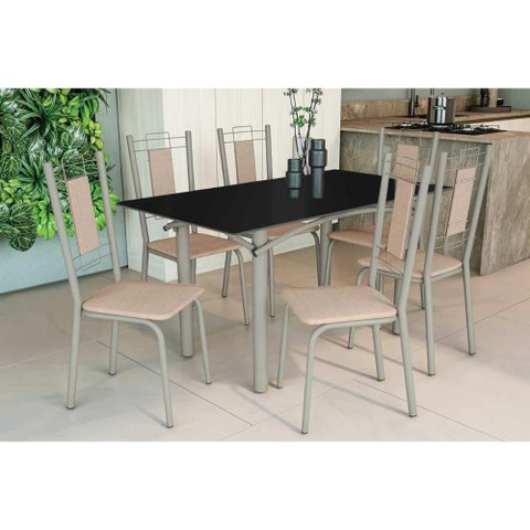 Sala de Jantar Completa Elba Tampo Madeirado C/ Vidro 160cm e 6 Cadeiras Florença Niquel/preto -