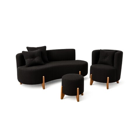 Kit Decorativo Sofá Curvo Orgânico + 01 Puff e Poltrona Luna Veludo Preto - Montanaris Decor