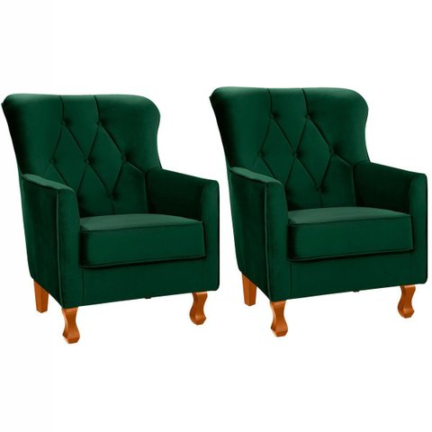 Kit 2 Poltronas para Sala Decorativas C/ Capitonê Carrara Veludo Verde