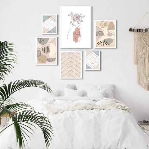 Composição 6 Quadros Minimalistas Quarto - Bege - com Vidro:madeira Preta