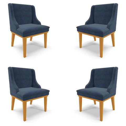 Kit 4 Cadeiras Decorativas Sala de Jantar Base Fixa de Madeira Firenze Suede Azul Marinho/Castanho G