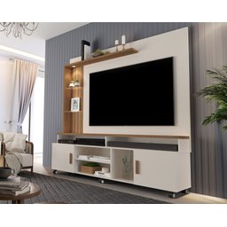 Estante Home para TV até 65 Polegadas Ripado com LED e Rodízios Off White Canela Ocean Carmolar - 1
