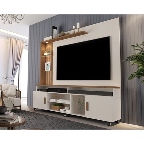 Estante Home para TV até 65 Polegadas Ripado com LED e Rodízios Off White Canela Ocean Carmolar