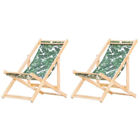Espreguiçadeira Kit 2 Dobrável Madeira Maciça Assento em Tecido Reclinável Verde Natural