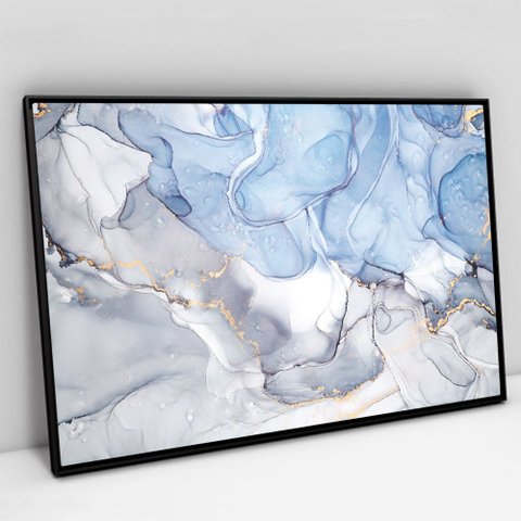 Quadro Decorativo em Canvas Abstrato Mármore Azul Maya TaColado Moldura Flutuante 4,5cm Preta 90 x 6