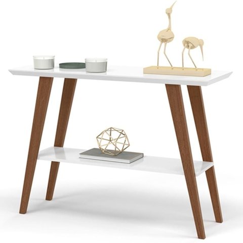 Aparador Davi 90x30 Tampo Mdf 30mm Pé em Madeira Ofertamo Branco/amadeirado