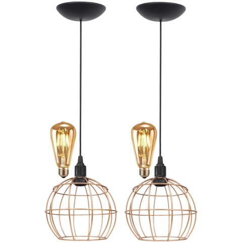 2 Pendentes Aramado Teto Globo Luminária Lustre Retrô Balcão + Lâmpada Led ST64 Cobre Rose Gold