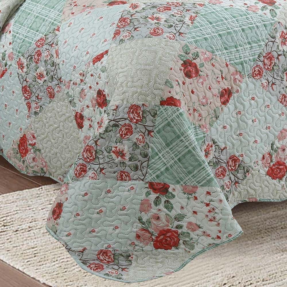 Kit Cobre Leito Colcha Mix Queen Estampado Dupla Face Floral 3 Peças - Brenda - Verde Patchwork - 2