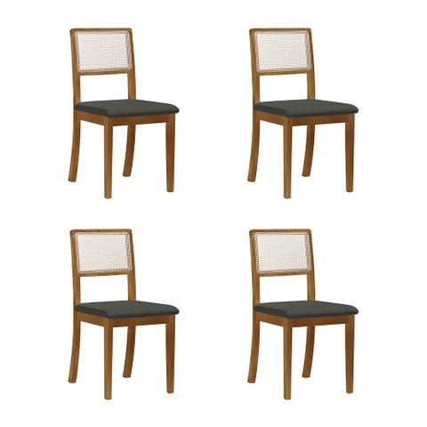 Kit 4 Cadeiras de Jantar Luxo Palha Estofadas Linho Chumbo Encosto Tela Sextavada Rubi Madeira Maciç