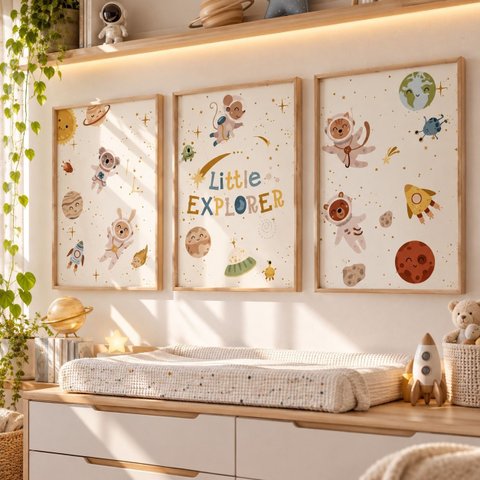 Kit 3 Quadros Infantil Astronauta Espaço Quarto Bebê Menino Menina 40x60 Moldura Madeira NO5