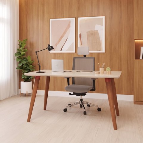 Escrivaninha Mesa Escritório com Tampo de Vidro 130cm Marrom/Madeira/Off White