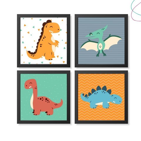 Quadros Decorativos Infantil Dinossauros Fofo com Moldura:preta