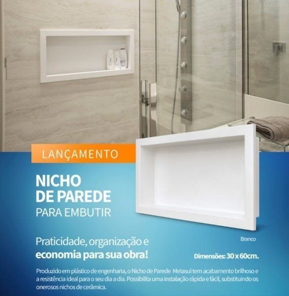 Nicho Banheiro Embutir 30x60cm Plástico Branco - Metasul - 3