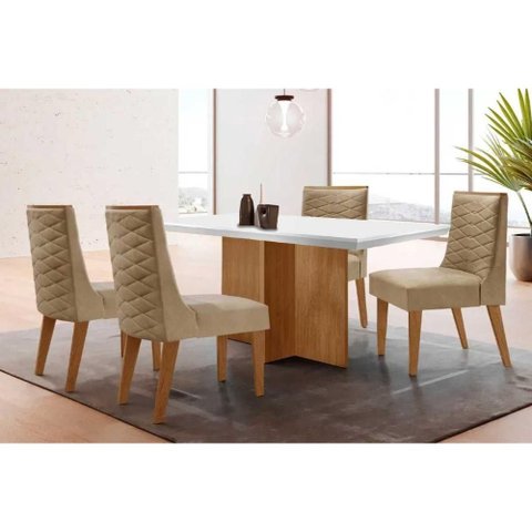 Mesa Cozinha Berlim c/ Tampo Madeirado c/ Vidro Canto Curvo 90x90cm e 4 Cadeiras Dafne Madeira Maci