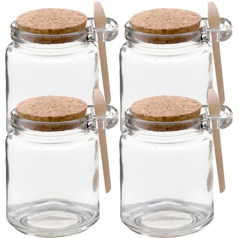 Kit 4 Pote Vidro Borossilicato 240ml Colher de Madeira Rolha