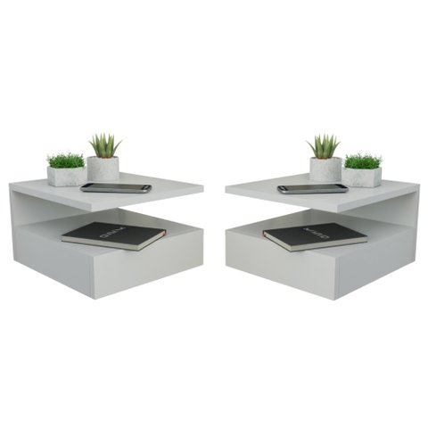 Kit 2 Mesa de Cabeceira com Gaveta e Prateleira Suspenso Branco