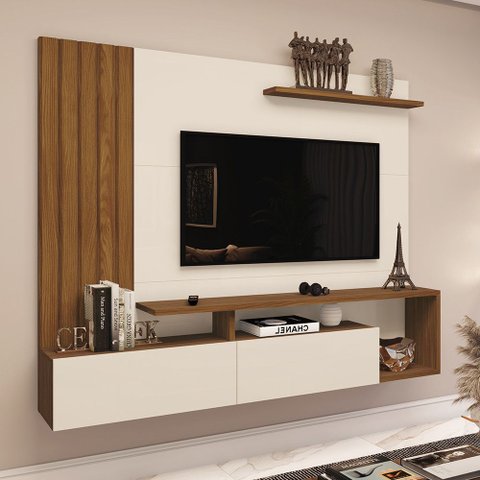 Painel TV 65 Polegadas Lian Casa 812 Nature Off White 2 Portas Ripado Sala Moderno MDP