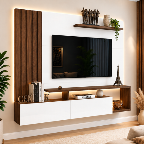 Painel TV 65 Polegadas Lian Casa 812 Nature Off White 2 Portas Ripado Sala Moderno MDP