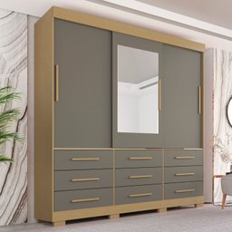 Guarda-roupa com Pés e Espelho Casal 3 Portas 9 Gavetas Luana - 1 Guarda-roupa com Pés e Espelho Casal 3 Portas 9 Gavetas Luana - 1