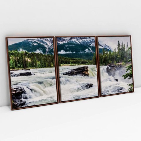 Kit Quadro Decorativo 3 Telas Canvas a Cachoeira Tacolado Moldura Flutuante 4,5cm Madeira 80 X 120cm