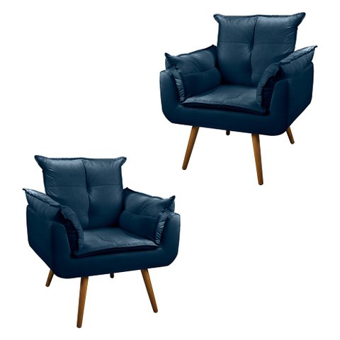 Kit 2 Poltronas Cadeira Decorativa Sala de Estar Opala Pés Palito - Veludo Azul Marinho