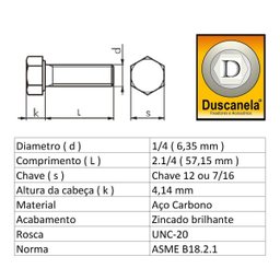 Parafuso Sextavado Rosca Inteira 1/4 X 2.1/4 - 100 Pçs - 3 Parafuso Sextavado Rosca Inteira 1/4 X 2.1/4 - 100 Pçs - 3