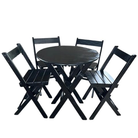 Conjunto Mesa Redondo 70cm Dobrável com 4 Cadeiras em Madeira Maciça - Preto