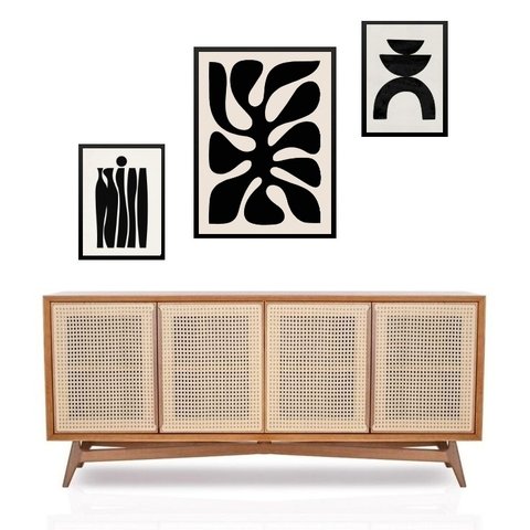 Set 3 Quadros Abstratos Minimalistas - Preto:moldura Branca