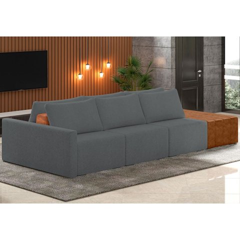 Sofá Ilha Modular para Sala 342cm com Puff Dublin K01 Bouclê Cinza Sintético Caramelo - Lyam Decor