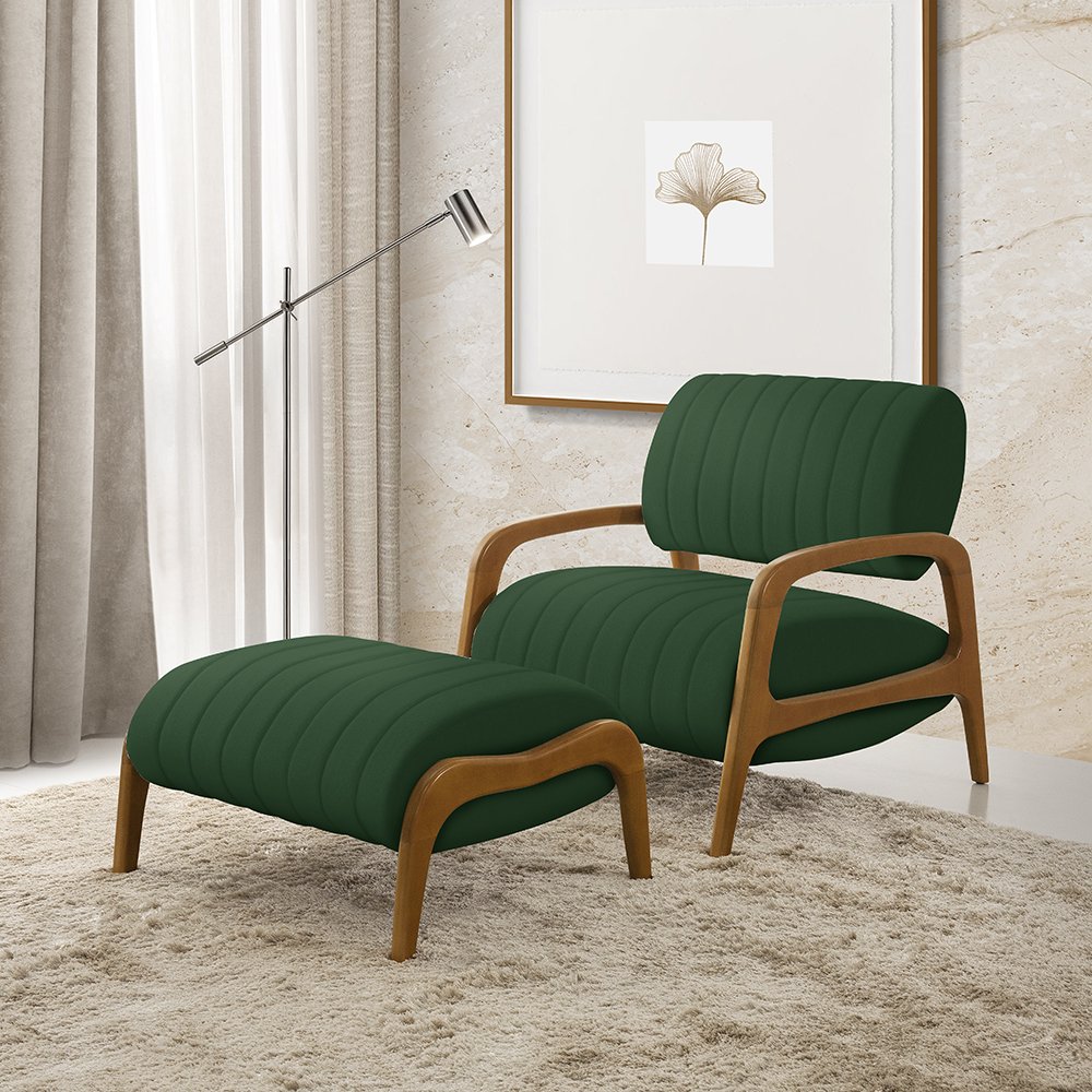 Poltrona com Puff Decorativa Noruega Veludo Verde - Fortbello Estofados