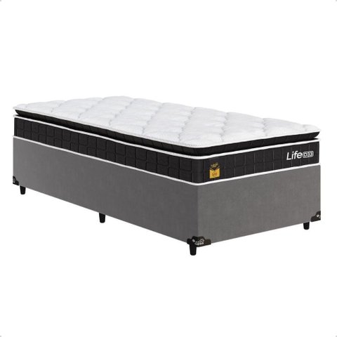 Cama Box Base Solteiro + Colchão Life D33 Pillow Top 88x188cm - Preto/ Cinza - e-Shop Casa
