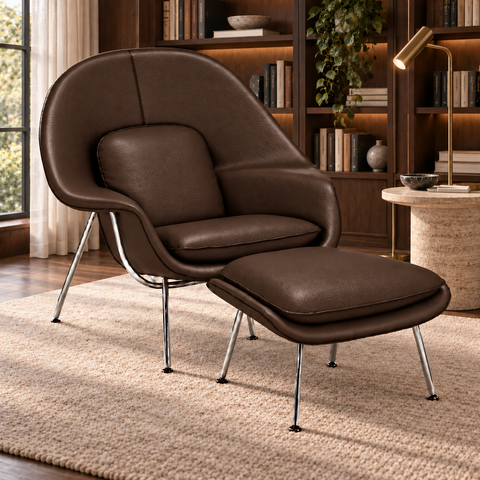 Poltrona Womb Chair com Puff em Couro Ecológico - Marrom