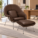 Ver imagem 2 de Poltrona Womb Chair com Puff em Couro Ecológico - Marrom