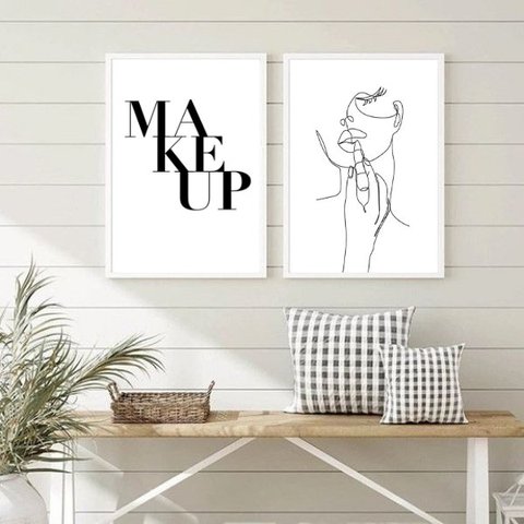 Kit 2 Quadros Minimalistas Makeup One line 33x24cm:madeira Preta