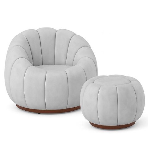 Poltrona Decorativa Orgânica Fixa com Puff Nuvem Veludo Cinza Claro Loja Sheep
