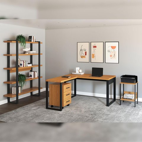 Moveis Escritório Industrial 4 Peças Dalla Costa 100% Mdf Cor:freijó com Preto Fosco