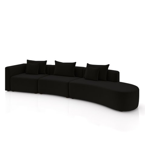 Sofá Curvo Decorativo Kimiko 427cm 5 Lugares Sala de Estar com Chaise Veludo Preto G52 - Gran Belo