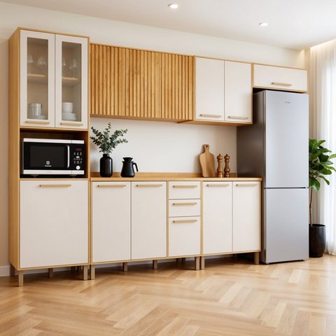 Cozinha Completa Modulada 6 Peças 14 Portas 2 Gavetas Salvador Bege/Cinamomo/Off White