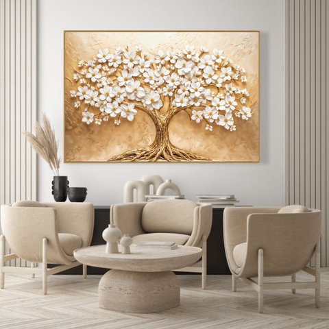 Quadro Decorativo Árvore com Flores Brancas Sala Quarto Casa Escritório