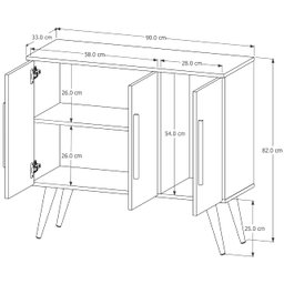 Aparador Balcão Buffet Decoração 3 Portas Pés Madeira Cinza - 4 Aparador Balcão Buffet Decoração 3 Portas Pés Madeira Cinza - 4