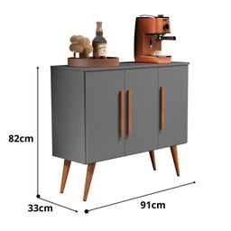 Aparador Balcão Buffet Decoração 3 Portas Pés Madeira Cinza - 3 Aparador Balcão Buffet Decoração 3 Portas Pés Madeira Cinza - 3