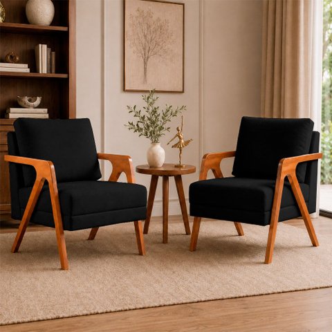 Kit 2 Poltronas Sala de Estar Maya Luxo Suede Preto M3 - Monari Design